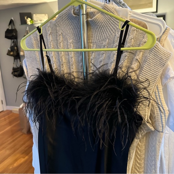 NWT Charo Ruiz Black Mini Dress w/ Ostich Feather Trim Sz L - Picture 4 of 8